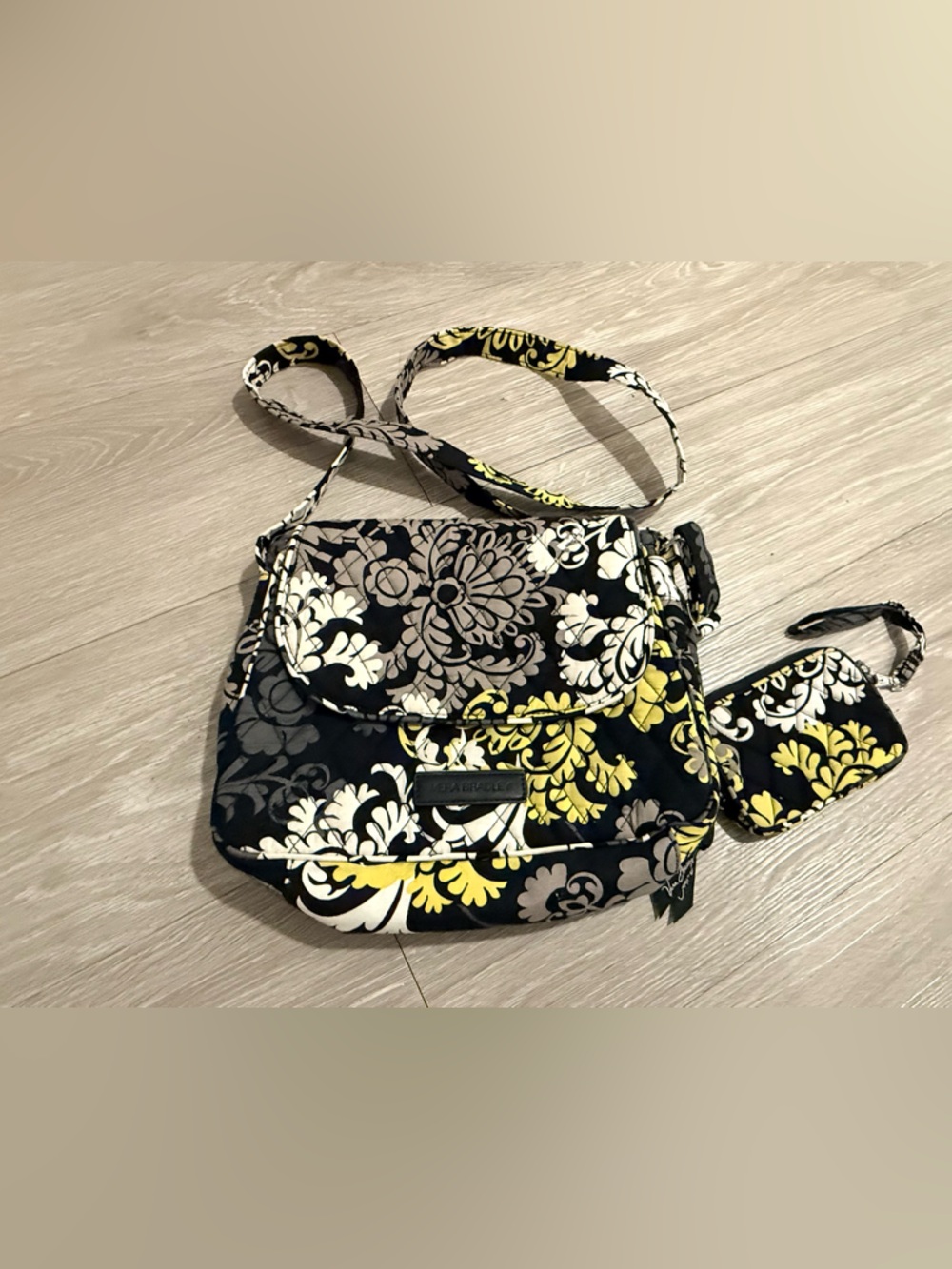 Vera Bradley Black, Yellow & Gray Floral Crossbody Bag with Wristlet